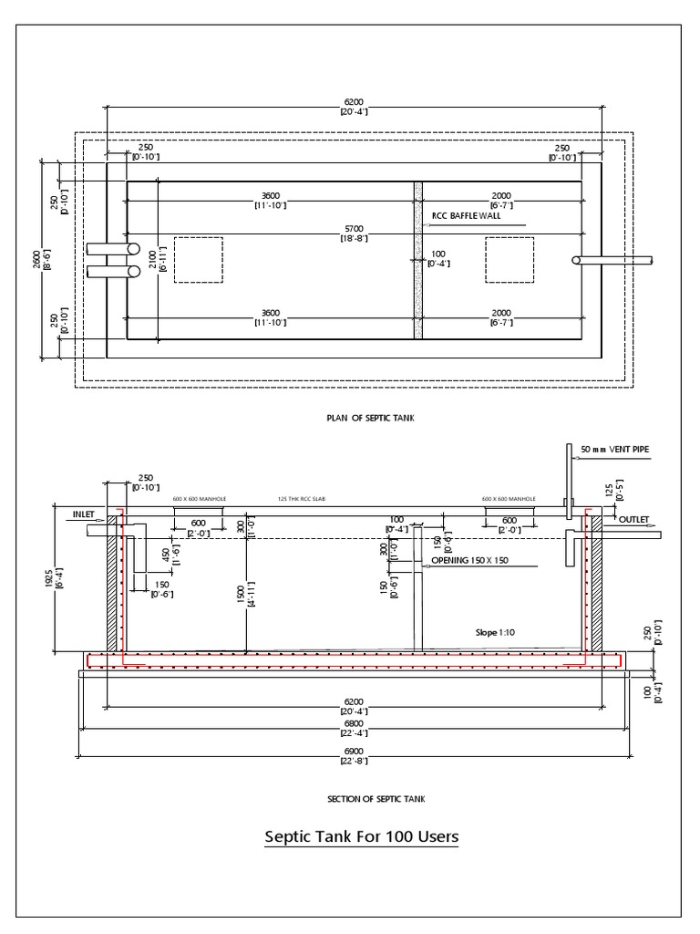 Septic Tank For 100 Users: 125 THK RCC Slab 600 X 600 MANHOLE 600 X 600 ...