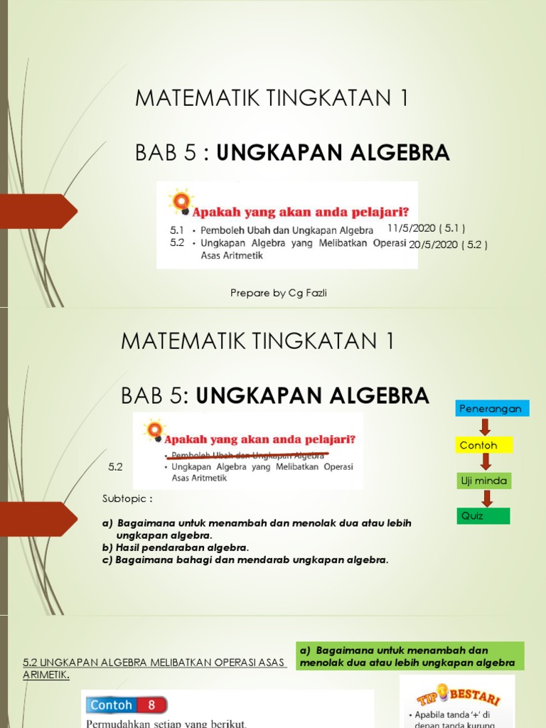 Modul Bab 5 Ungkapan Algebra (5.2) Matematik Tingkatan 1 | PDF