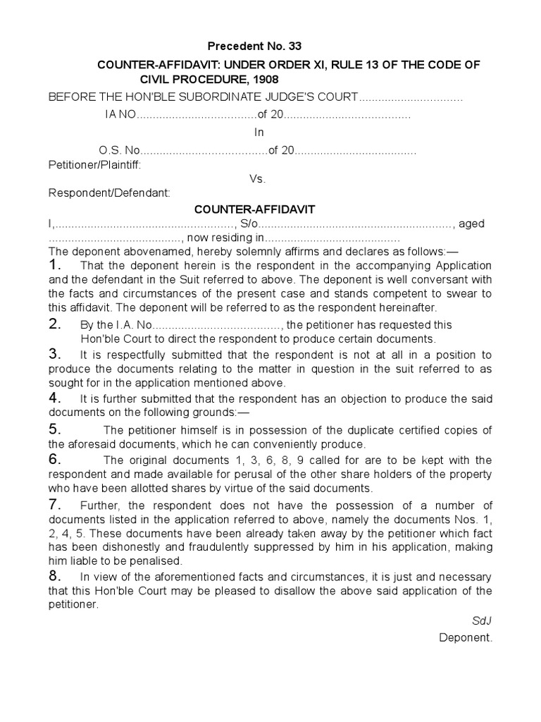 Counter Affidavit Format Under CPC | PDF | Affidavit | Lawsuit