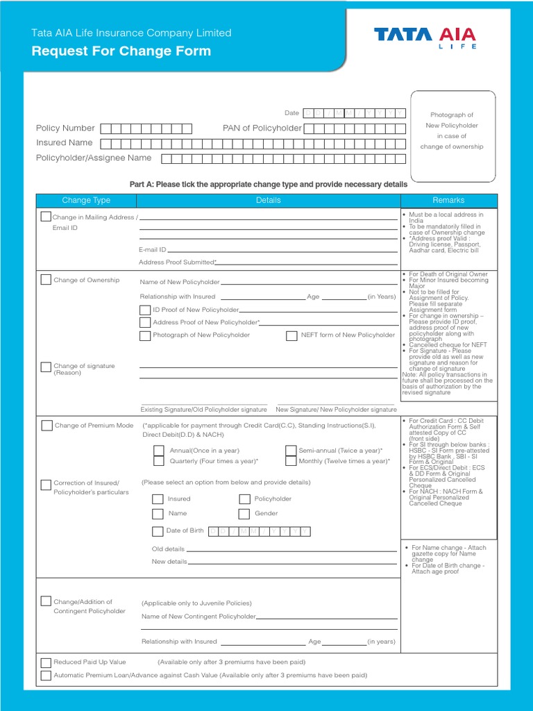 Request for change form tata aia life insurance company limited pdf