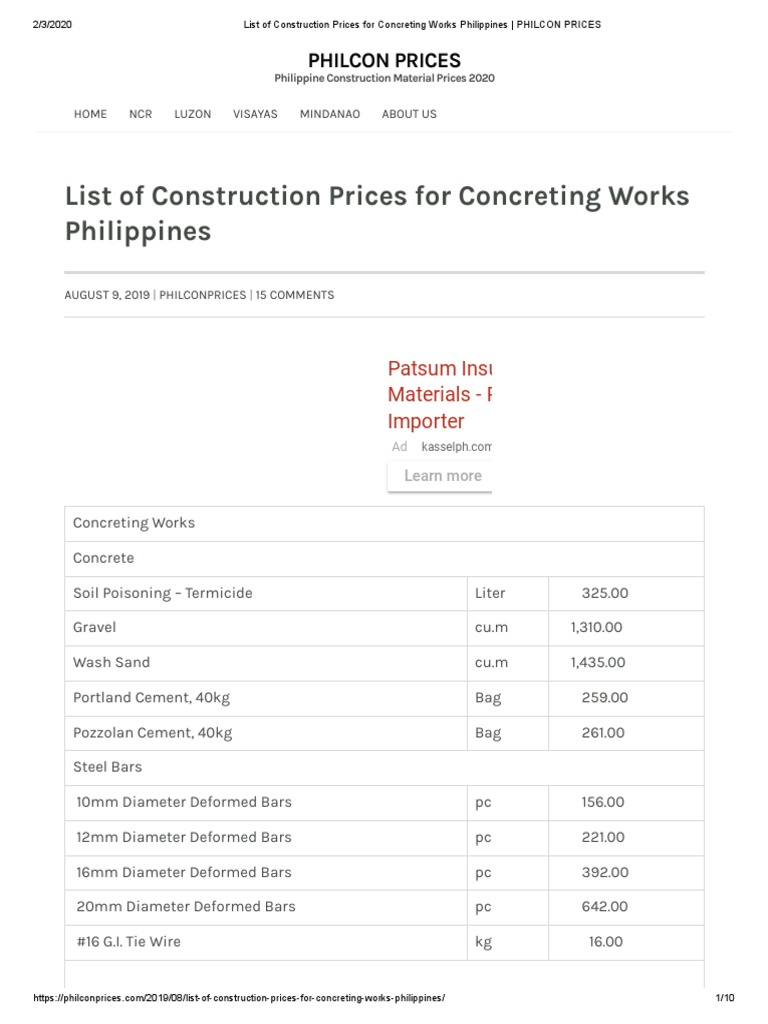 Comprehensive List of Construction Material Prices for Concreting Works