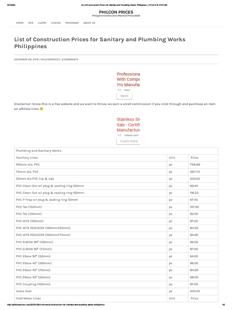 Plumbing Material Prices in Philippines | PDF | Plumbing | Pipe (Fluid ...