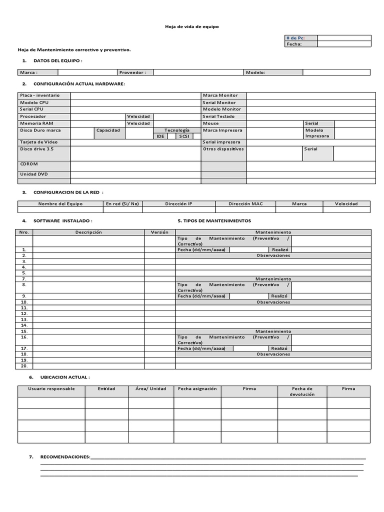 Hoja de Vida de Equipos de Cómputo | PDF | Hardware de la computadora ...