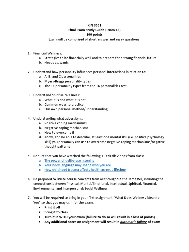 KIN 3001 Final Exam Study Guide | PDF
