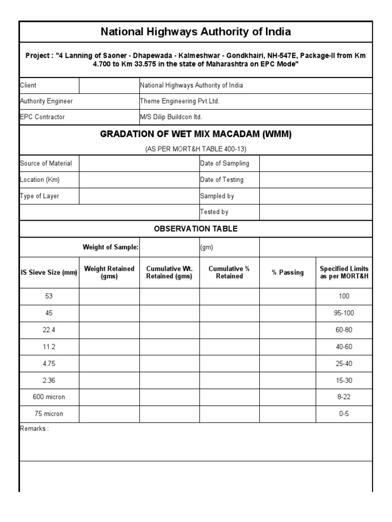WMM Gradation Report for NH-547E Project | PDF
