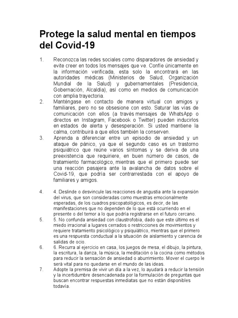Protege La Salud Mental en Tiempos Del Covid | PDF | Ansiedad | Temor