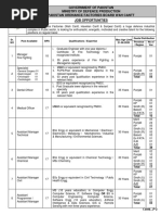 Government of Pakistan Ministry of Defence Production Pakistan Ordnance Factories Board Wah Cantt Job Opportunities