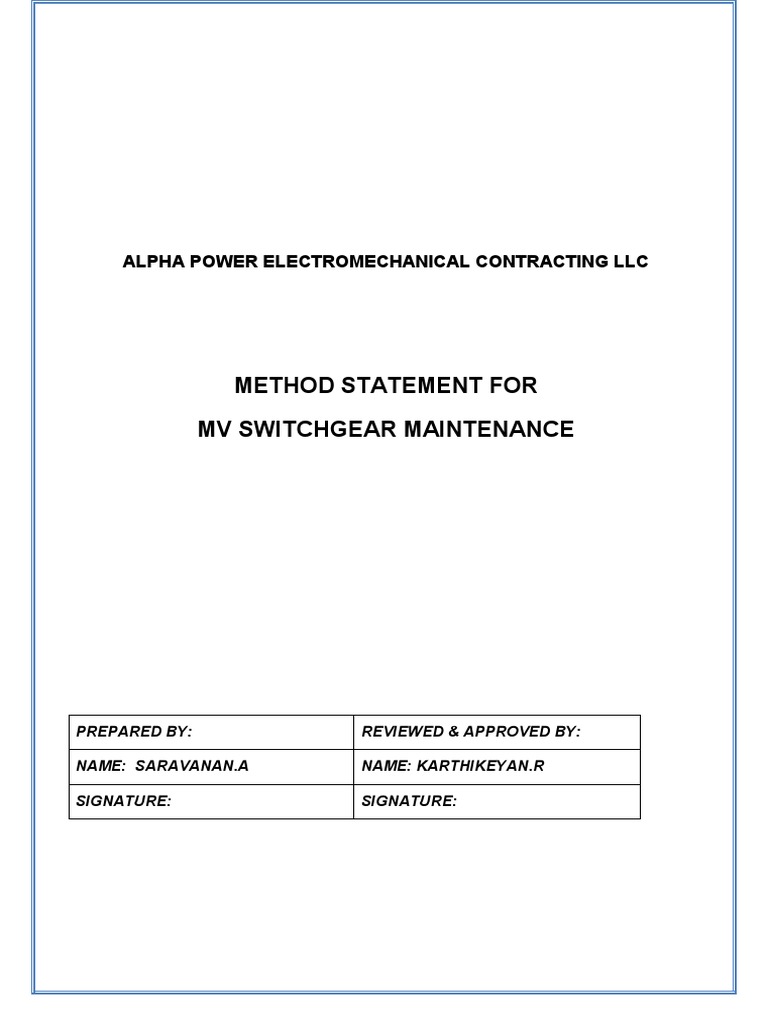 Method Statement For MV Switchgear (Inspire) | PDF | Relay | Switch