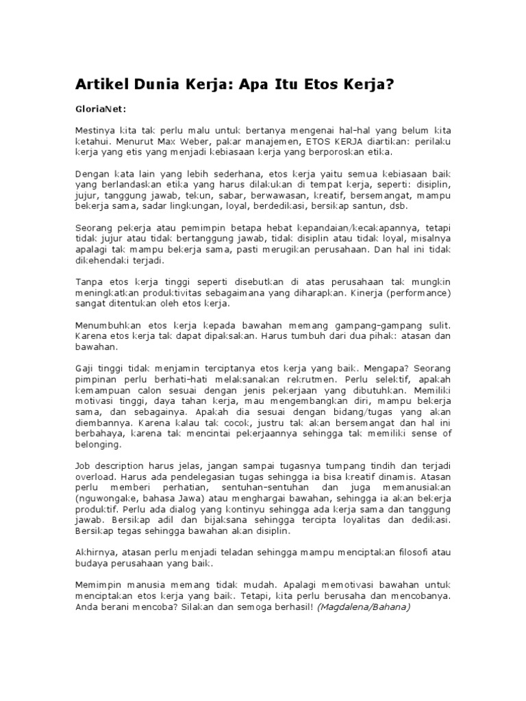 Artikel Dunia Kerja - Apa Itu Etos Kerja...