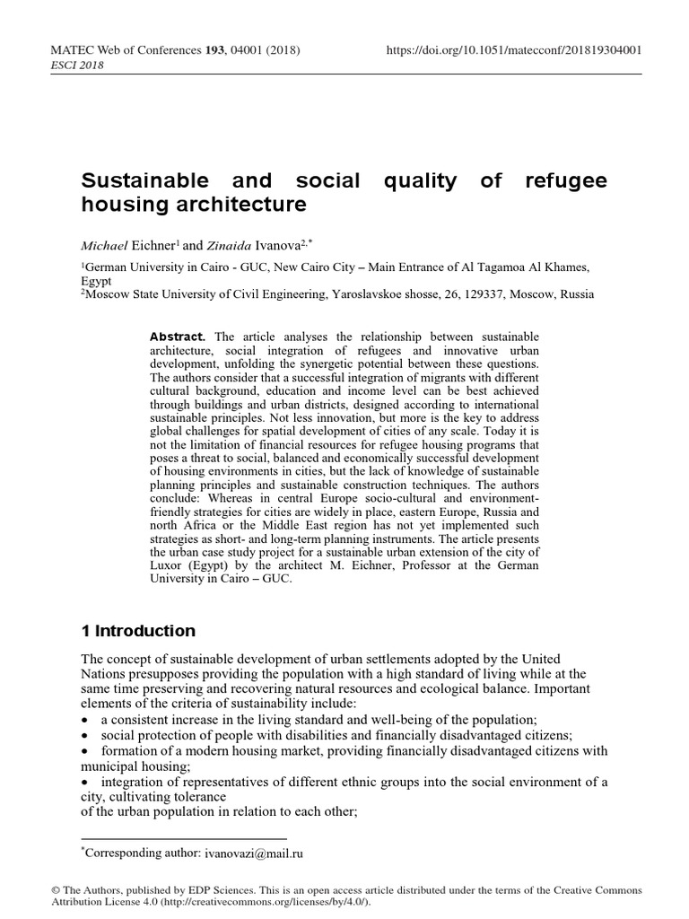 Sustainable and Social Quality of Refugee Housing Architecture | PDF ...