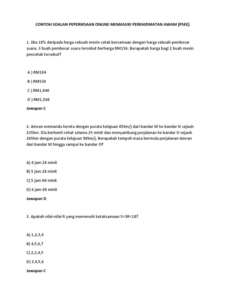 Contoh Soalan Peperiksaan Online Memasuki Perkhidmatan Awam Psee Pdf