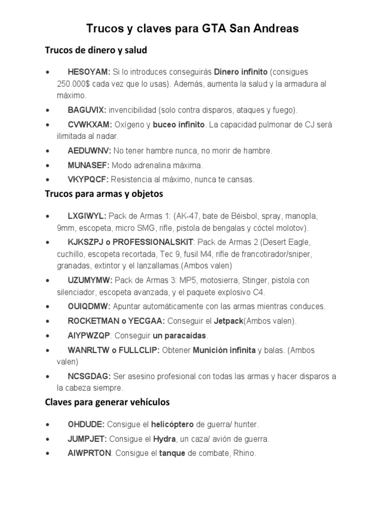 Trucos y Claves para GTA San Andreas PDF Armas de fuego Armas de proyectiles