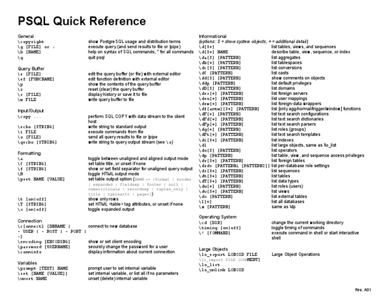 PSQLQuickRef PDF | PDF | Postgre Sql | Data Management