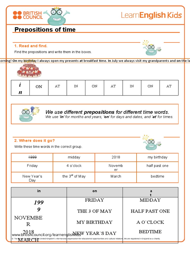 Grammar Games Prepositions of Time Worksheet PDF