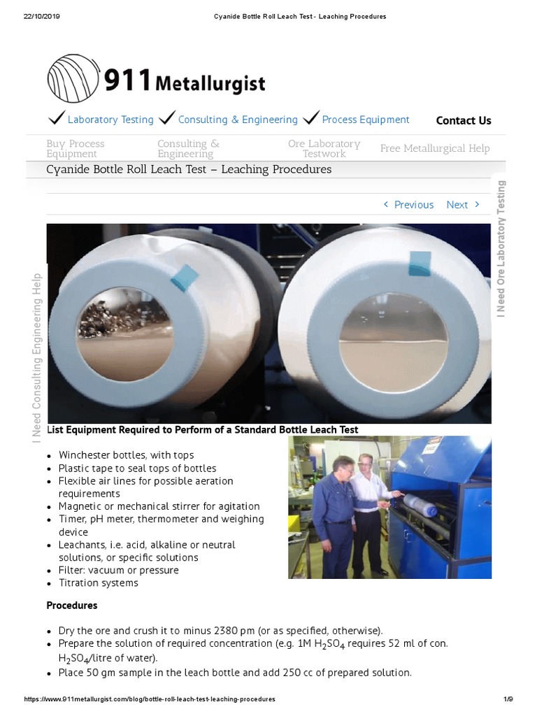 Cyanide Bottle Roll Leach Test Leaching Procedures PDF Cyanide