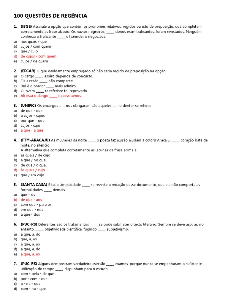 100 Questões de Regência Verbal | PDF | Pronome | Juros