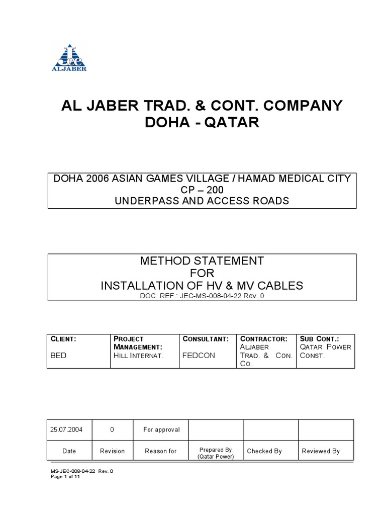 HV & MV Cable Installation Method Statement | PDF | Electricity
