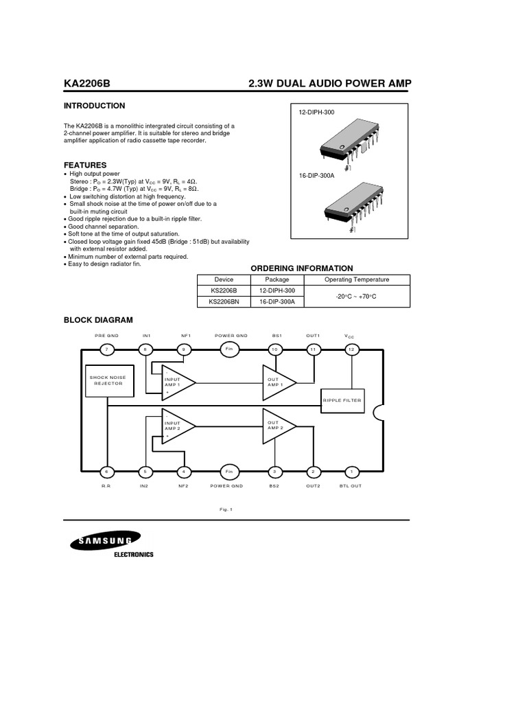 Ka2206B 2.3W Dual Audio Power Amp O CC L O CC L PDF Amplifier