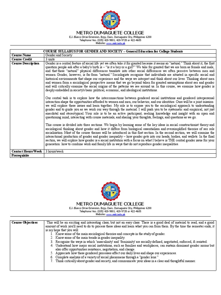 Course Syllabus For Gender and Society | PDF | Gender | Gender Studies