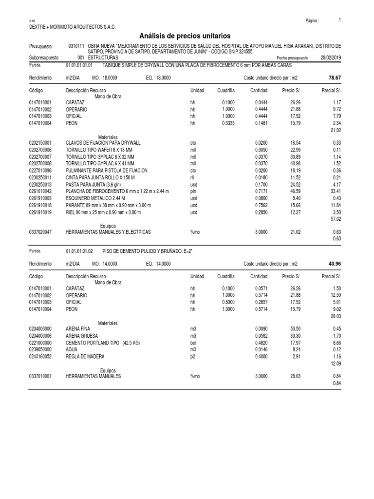 Análisis de Precios Unitarios en Construcción | PDF | Cemento ...