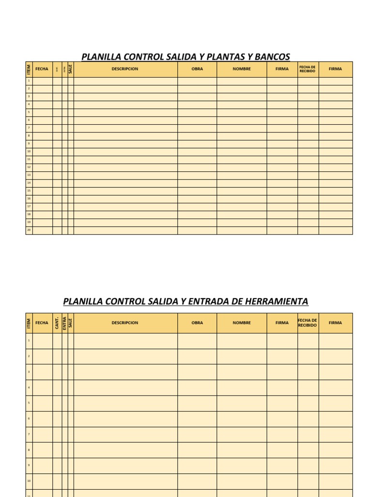 Planilla Control de Salida de Materiales
