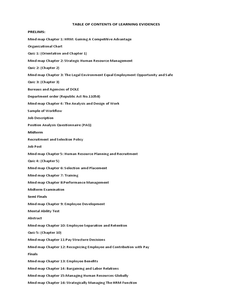 Table of Contents of Learning Evidences Prelims:: Midterm | PDF