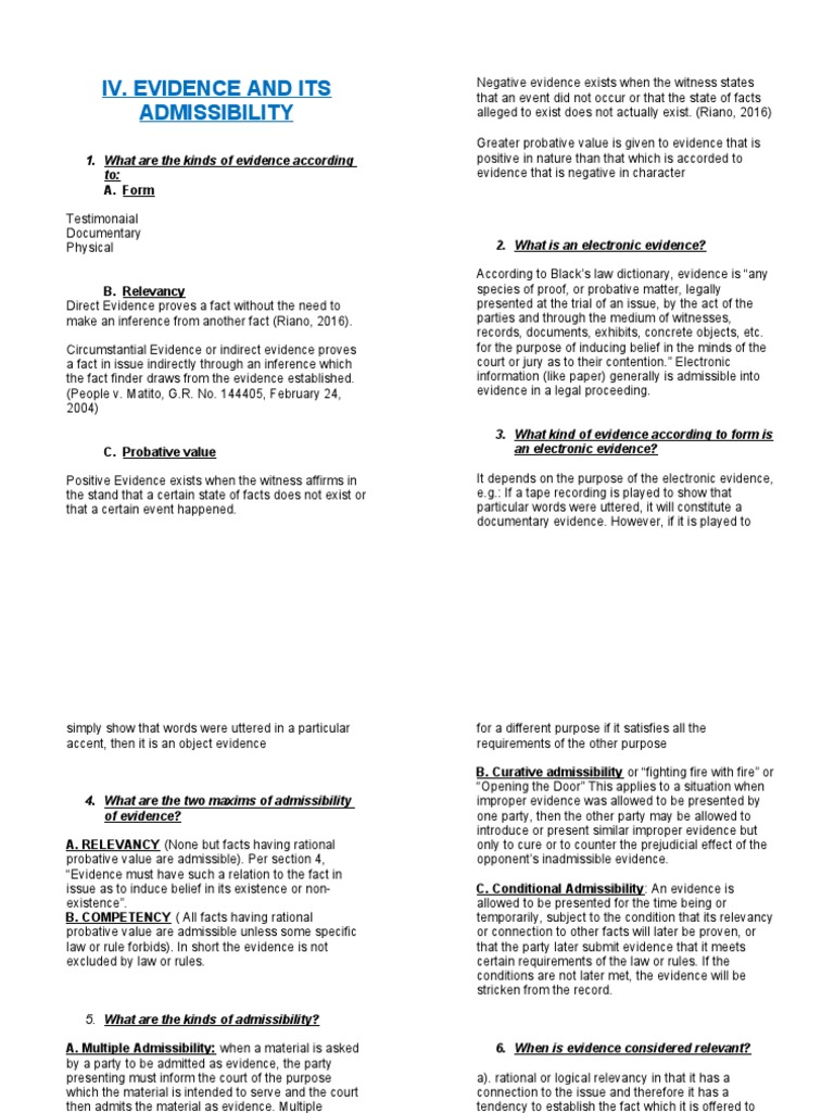 Types and Admissibility of Evidence | PDF | Relevance (Law) | Evidence ...
