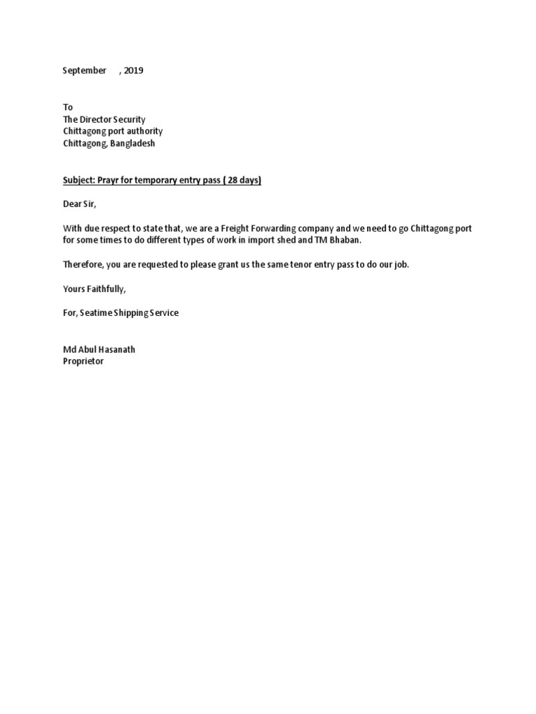 Subject: Prayr For Temporary Entry Pass (28 Days) | PDF | Finance ...