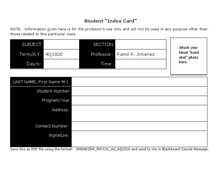 Student Index Card PDF