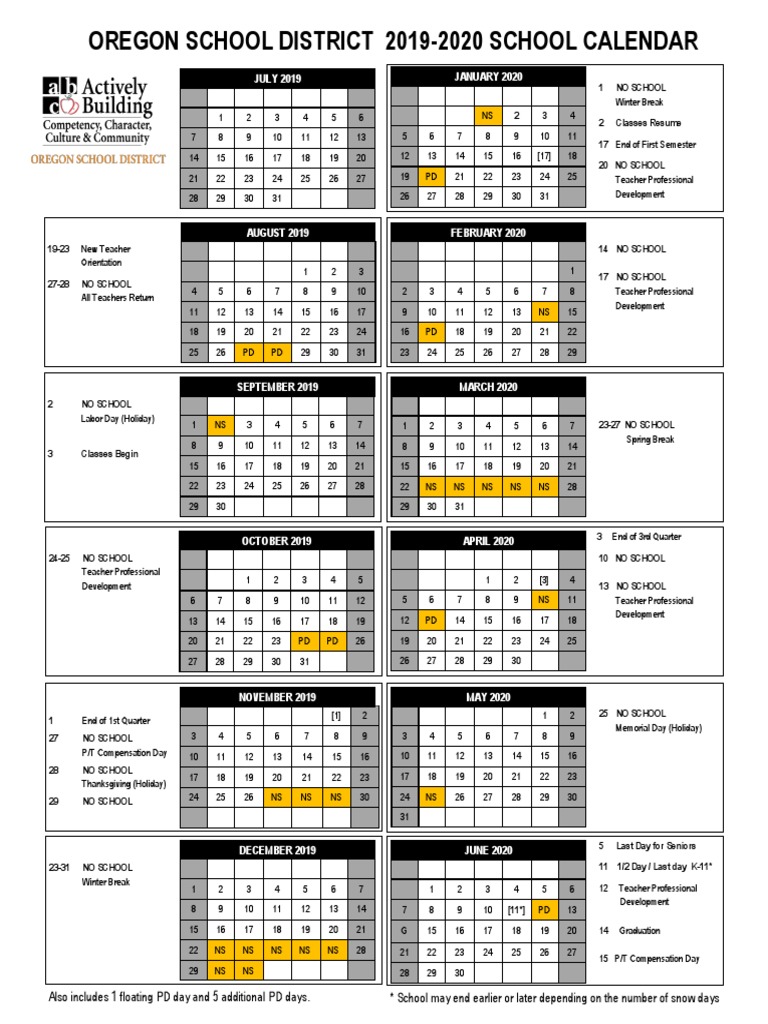 Oregon School District 2019-2020 School Calendar: JULY 2019 JANUARY