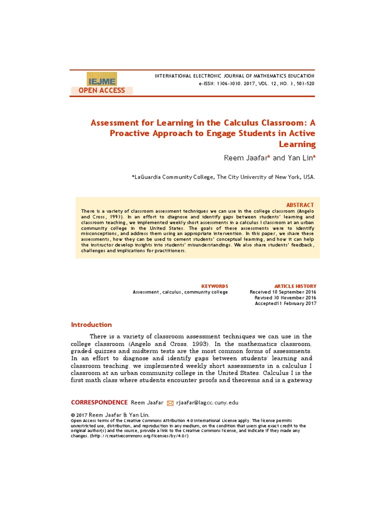 Assessment For Learning in The Calculus Classroom A Proactive Approach ...