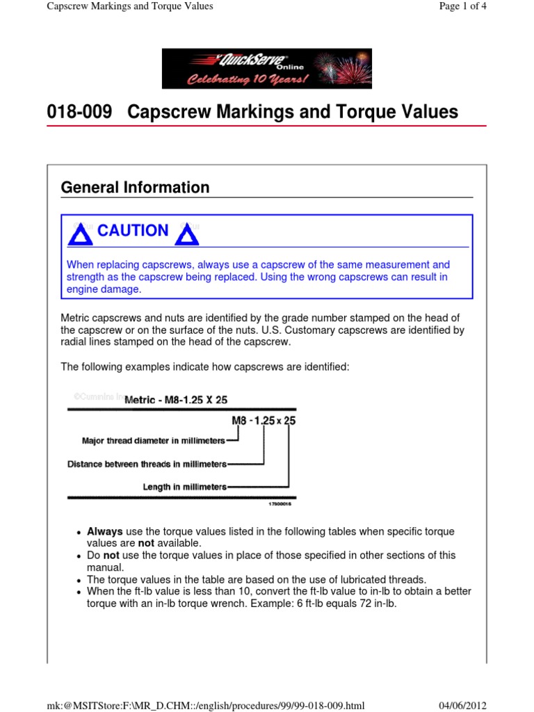 Capscrew Markings and Torqure Values | PDF | Screw | Torque