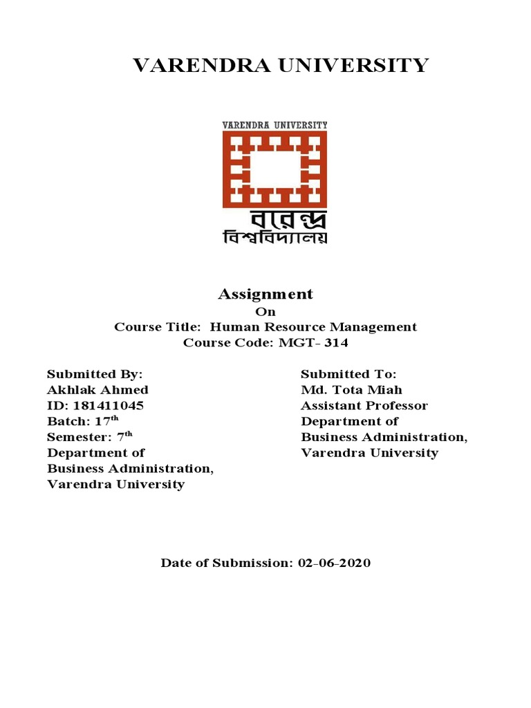 Varendra University HRM Assignment Cover | PDF