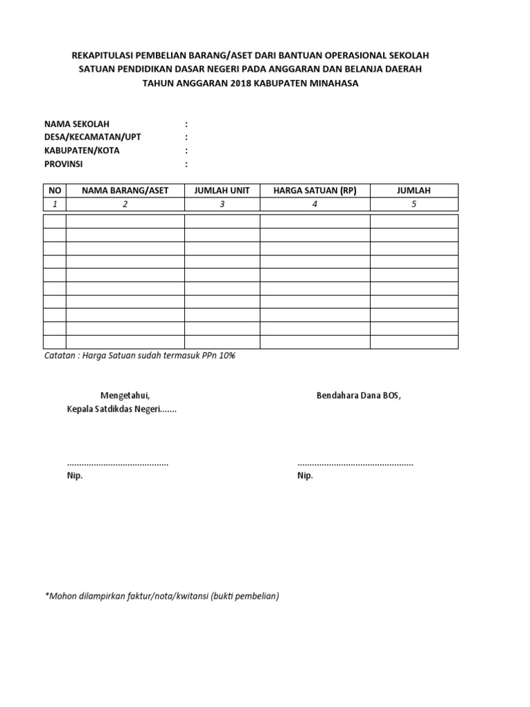 Rekap Pembelian Aset BOS 2018 | PDF | Pengelolaan Keuangan & Uang