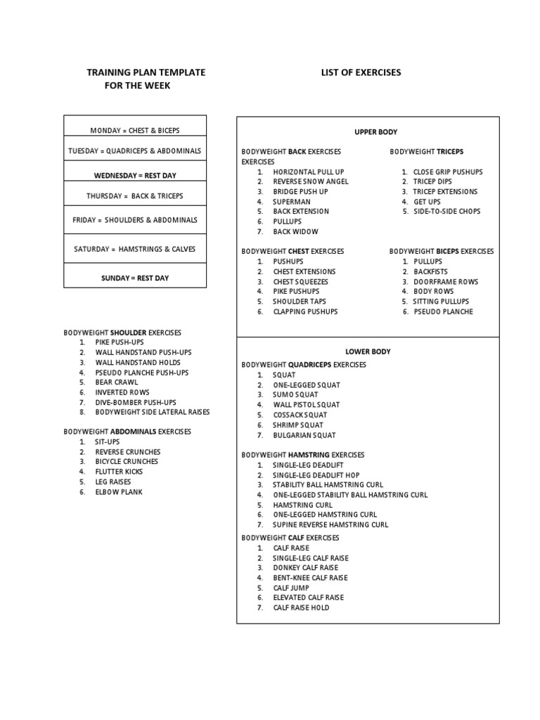 Weekly Bodyweight Workout Plan | PDF | Weight Training | Physical Fitness