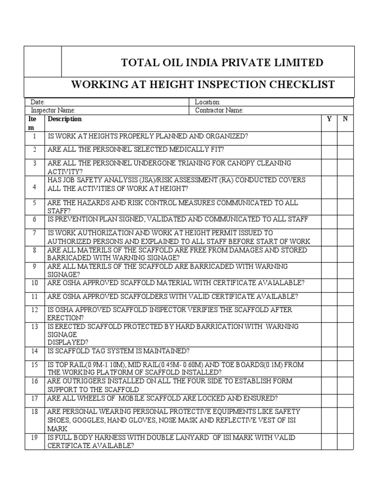 # 11 WORKING AT HEIGHT Checklist | PDF