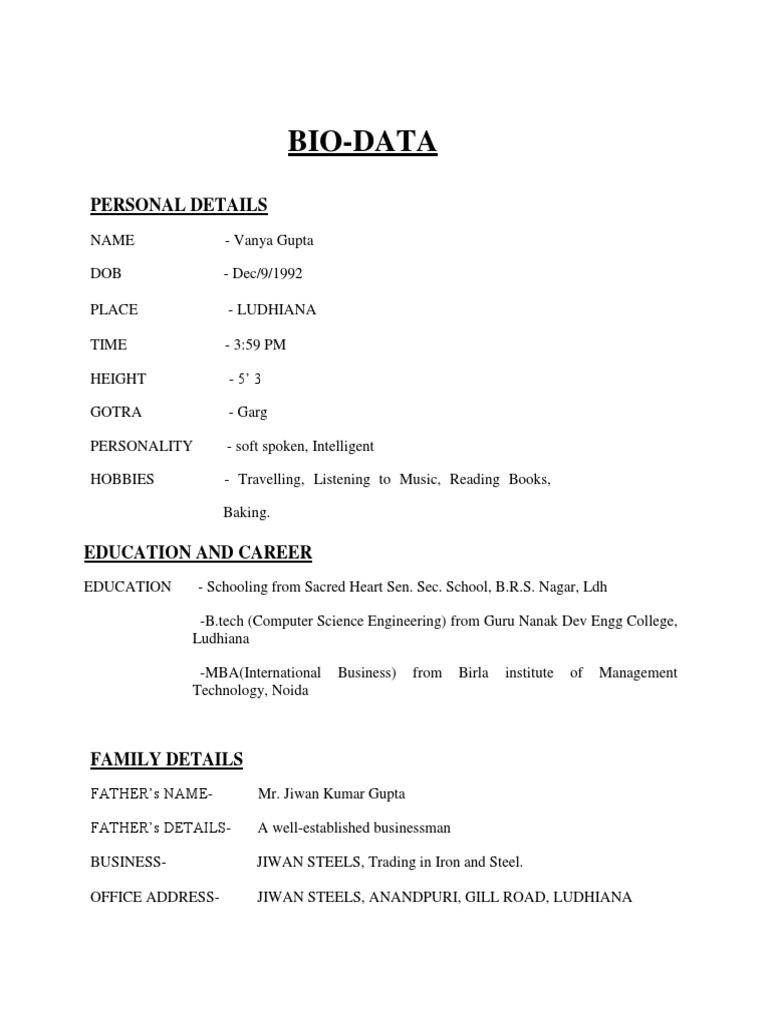 Vanya Gupta: Personal Bio-Data | PDF