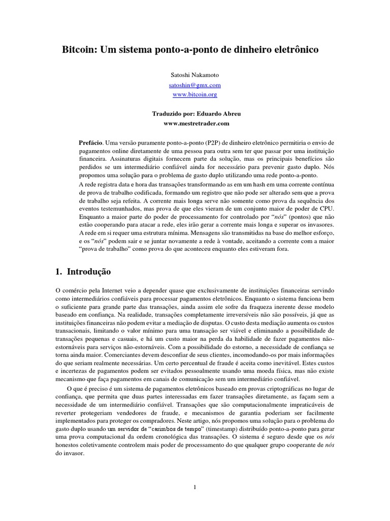 Bitcoin White Paper Portugues | PDF | Moeda | Transação em base de dados