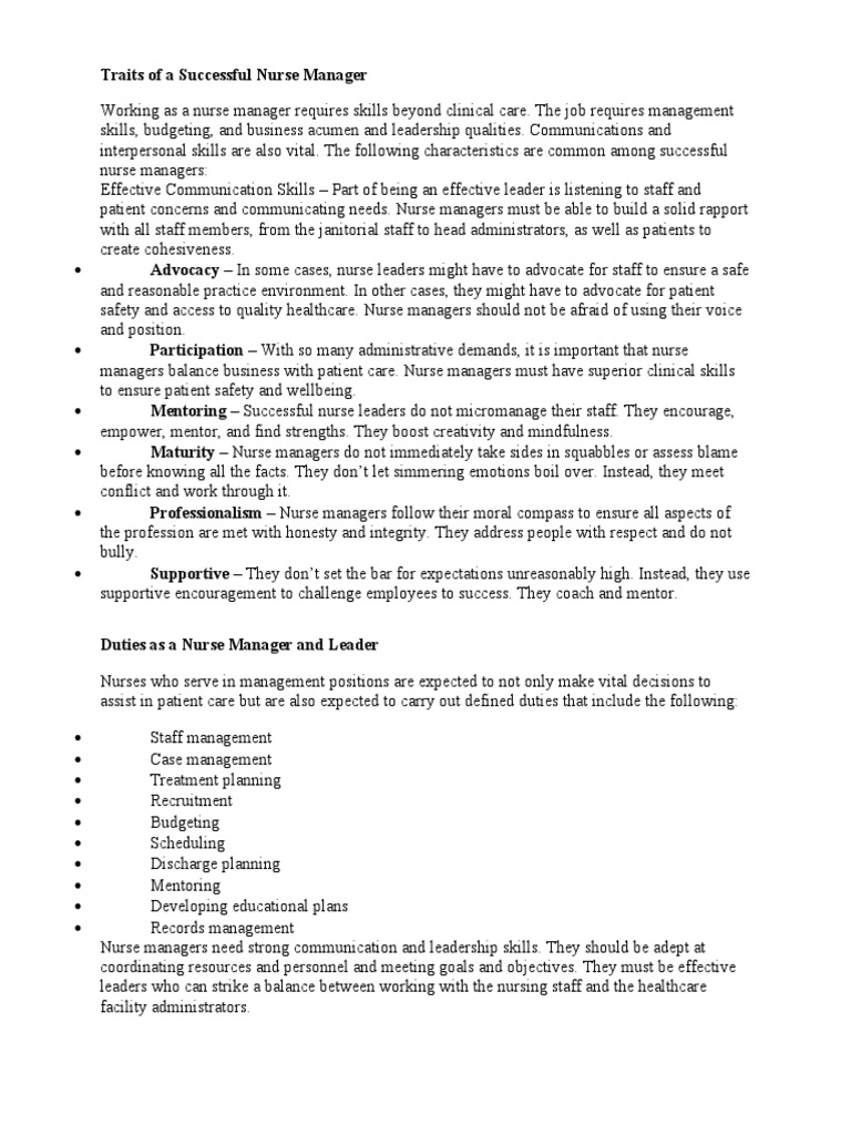 Traits of A Successful Nurse Manager | PDF | Nursing | Patient