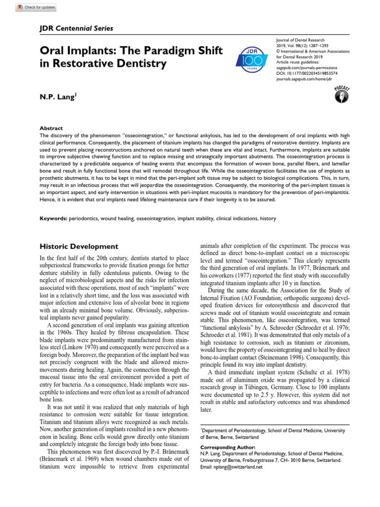 Oral Implants: The Paradigm Shift in Restorative Dentistry: JDR ...