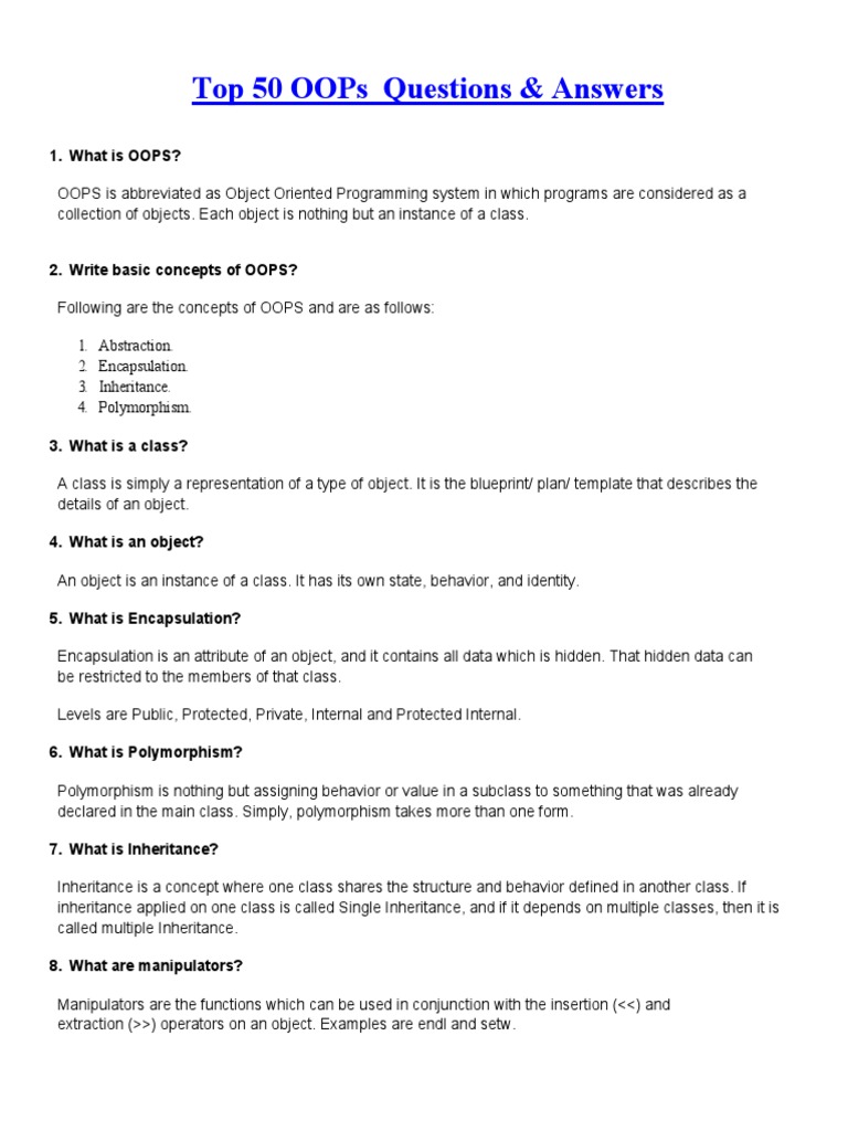 Top 50 Oops Questions & Answers | PDF | Method (Computer Programming ...