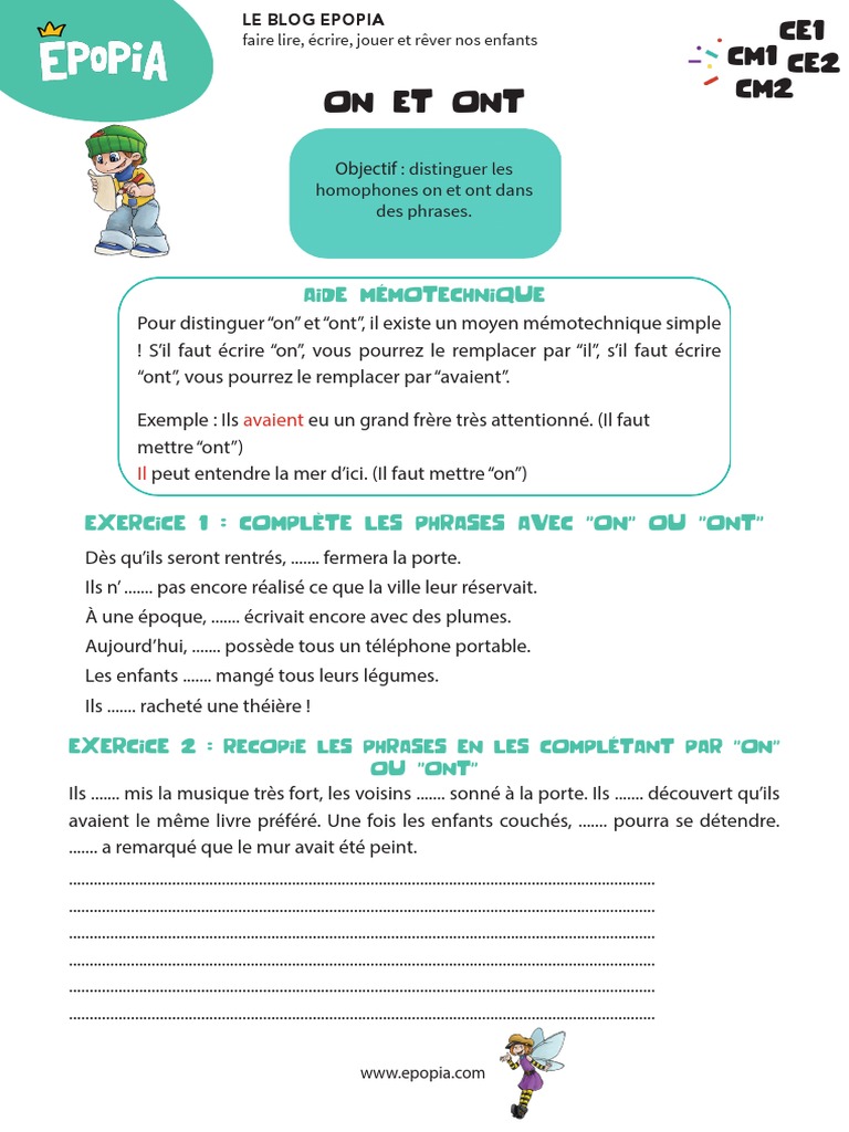 Exercices Homophones A/à Et/est On/ont Son/sont Cm1 Pdf On Ont Fiche Homophones Gramaticaux CE1CE2CM1CM2 | PDF