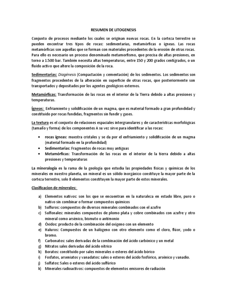Procesos de Litogénesis en Geología | PDF | Roca (geología) | Minerales