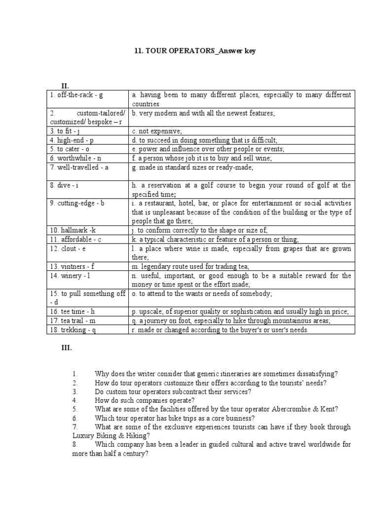 Tour Operators - Answer Key | PDF | Travel Agency | Marketing