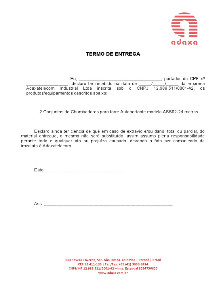 Modelo De Protocolo De Entrega De Equipamentos Pdf