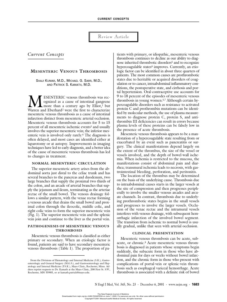 Mesenteric Venous Thrombosis Nejm | PDF | Thrombosis | Vein