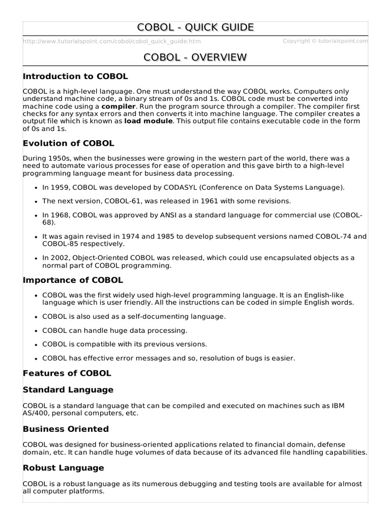 Cobol - Quick Guide Cobol - Overview | PDF | Reserved Word | Byte