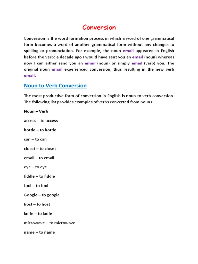 Conversion Noun To Verb Conversion Download Free PDF Noun Verb
