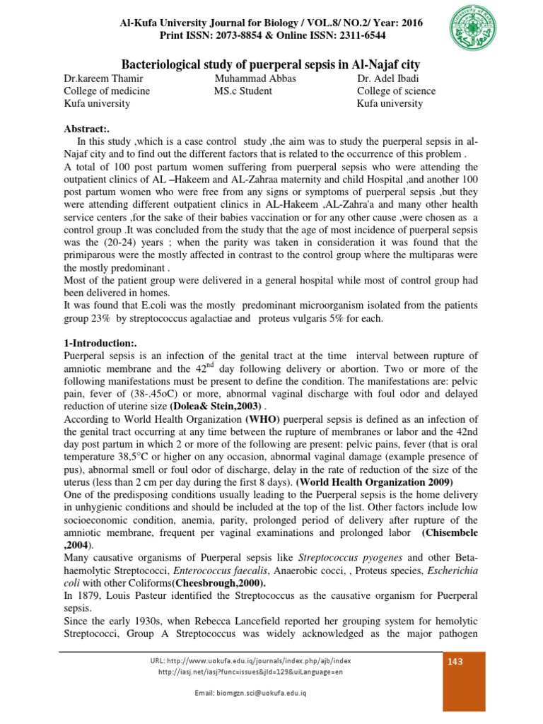Puerperal Sepsis in Al-Najaf: A Study | PDF | Streptococcus | Childbirth