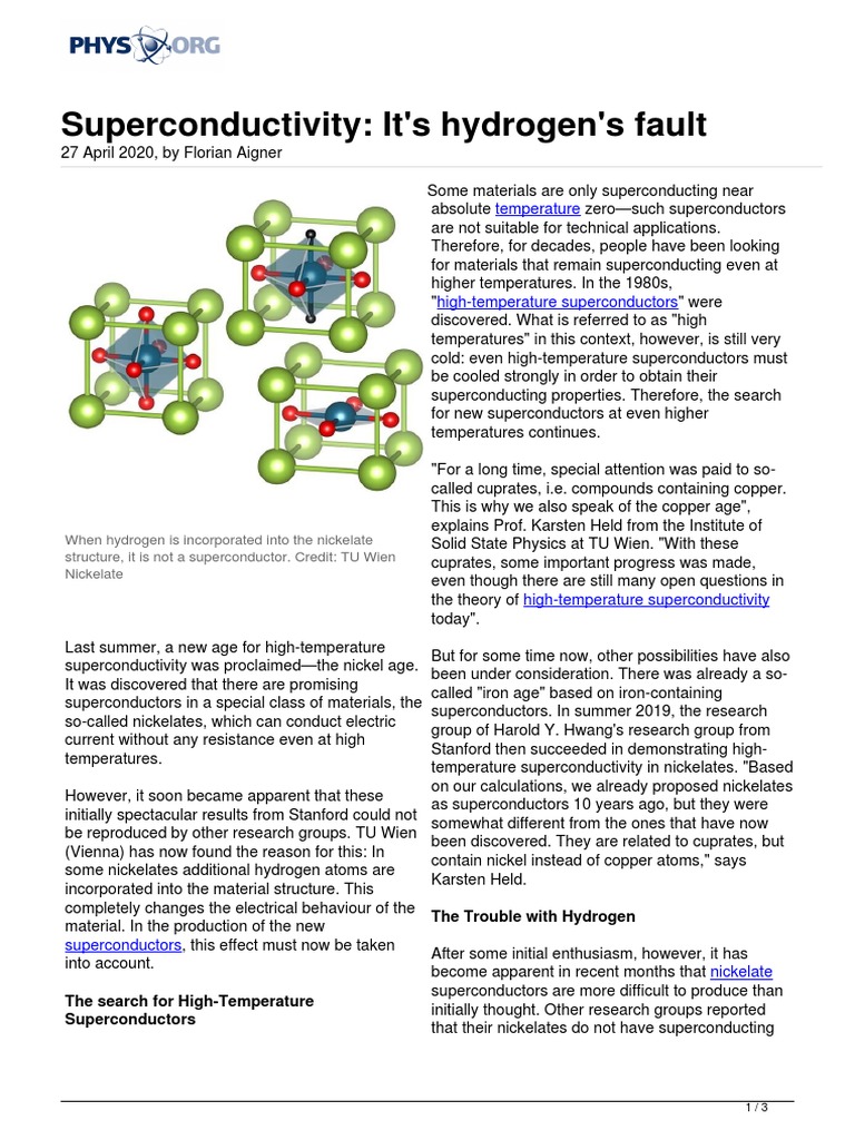 Superconductivity It S Hydrogen S Fault Temperature Pdf High